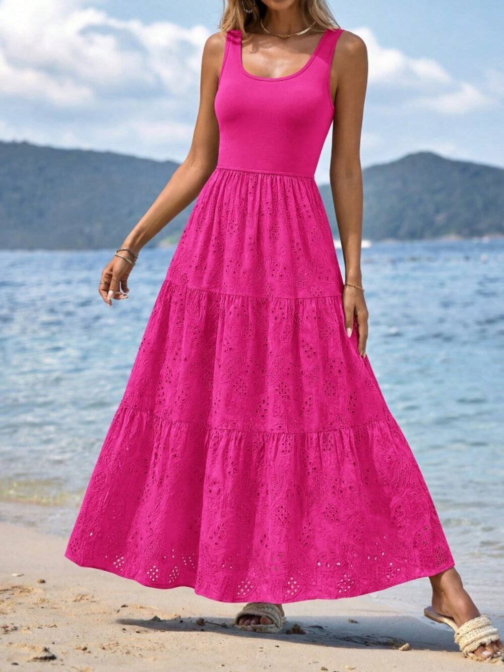 Hot Pink Casual Women's Sleeveless A-Line Tiered Maxi Dress Beach